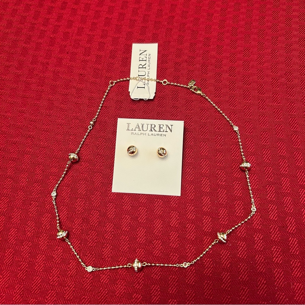 Lauren Ralph Lauren Necklace And Earring Set $90 Retail Golden Satellite Balls